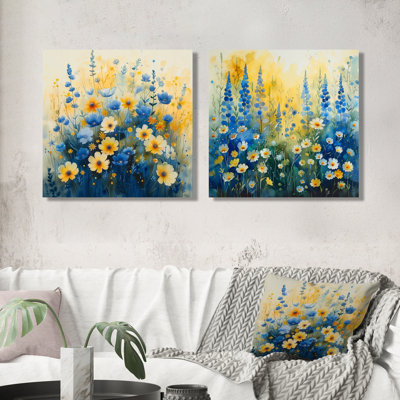 Jardin jaune et bleu, «Daisy S I» - art mural traditionnel - ensemble de 2 décorations murales traditionnelles