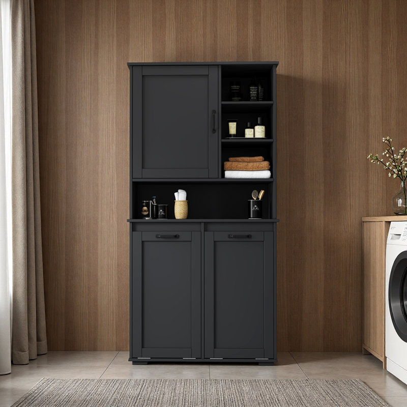 Armoire de buanderie avec portes et tablette, panier à linge inclinable, plusieurs espaces de rangement