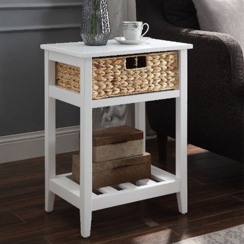 Walnut and Natural Accent Table with Woven Basket, White