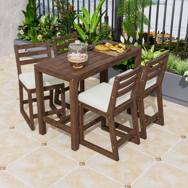 Wooden Patio Bar Set with Chairs and Cushions, Mocha