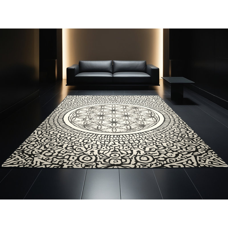 Machine Washable Abaokoro Global Inspired Geometric Rug in Beige – Black Binding, 2x5