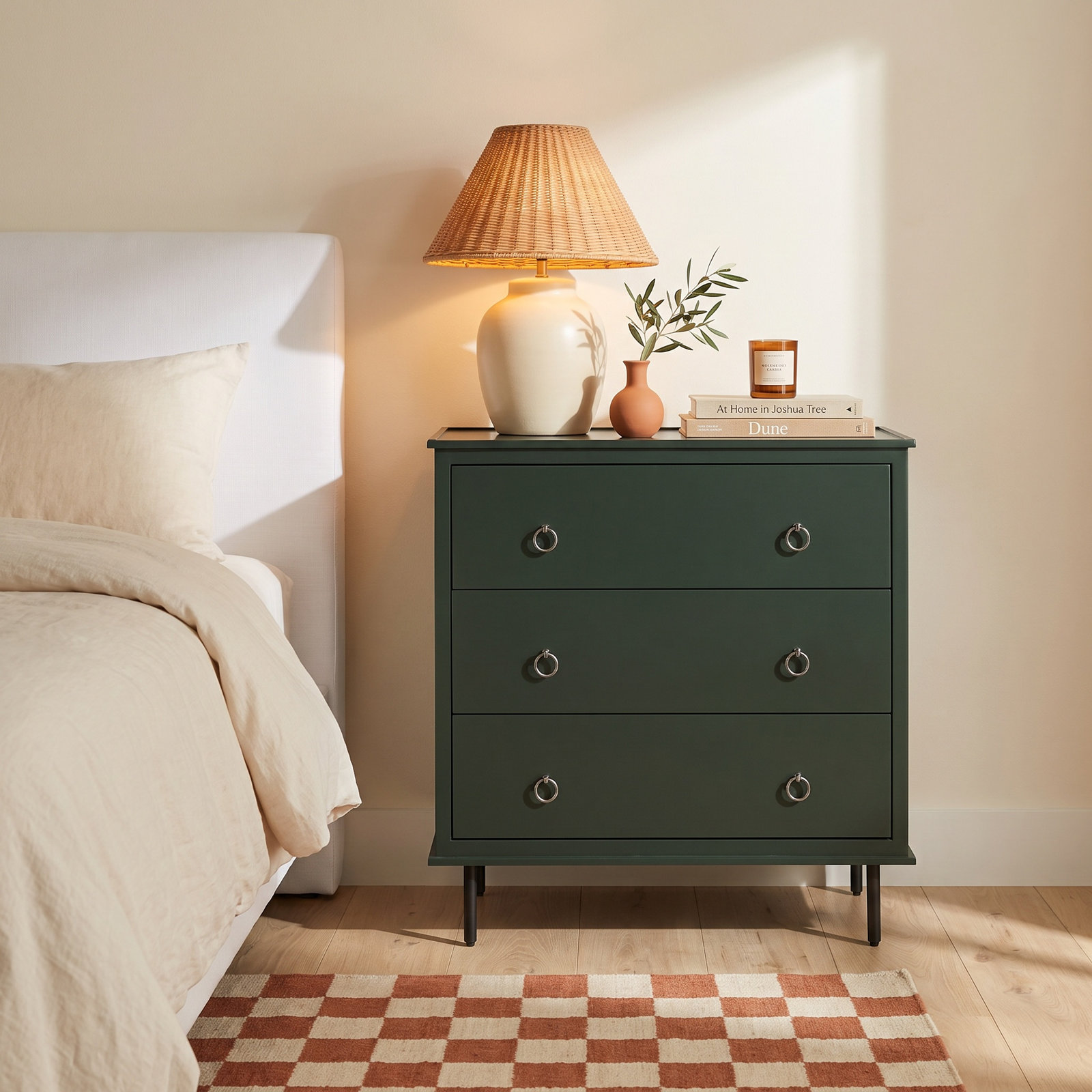3-Drawer Acacia Nightstand, Deep Green