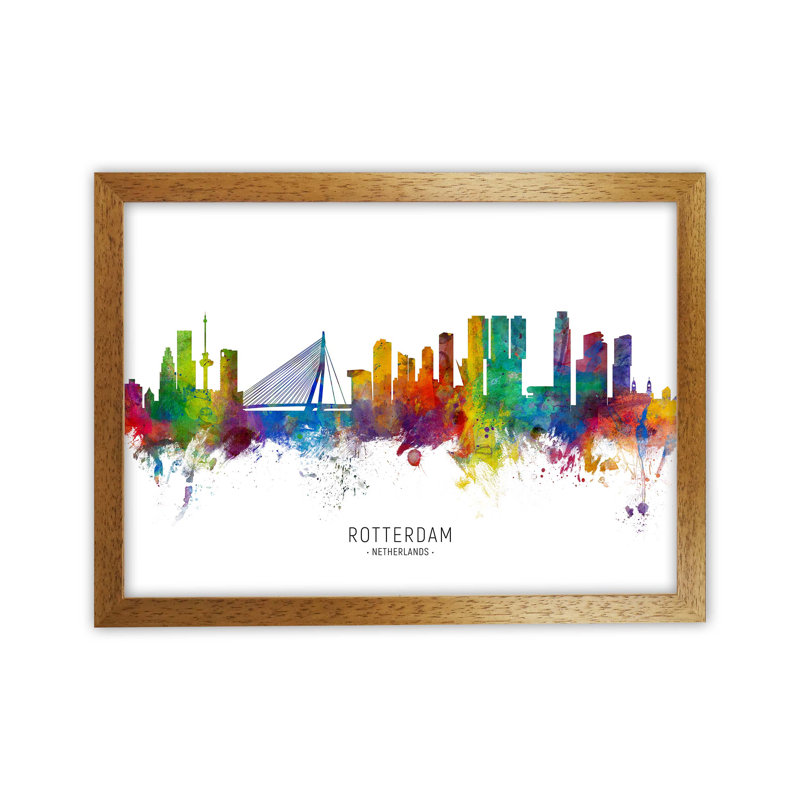 Rotterdam Netherlands Skyline by Michael Tompsett - Print, Brown Framed, 25cm H x 34cm W x 3cm D