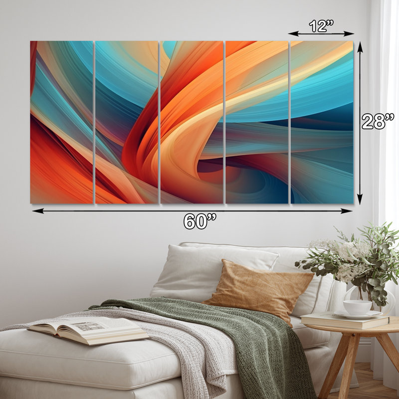 «Orange Blue Fractal Waters II», reproduction d'art sur toile - 5 panneaux égaux