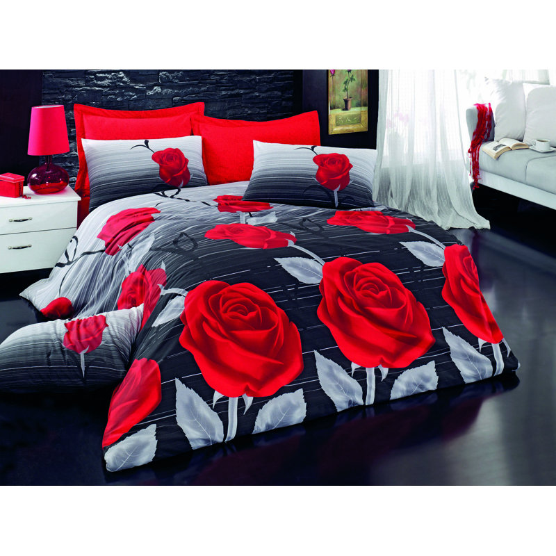 Cotton Floral Duvet Cover, 94" x 87" Duvet Cover + 2 24" x 24" Pillowcases, Red/Black
