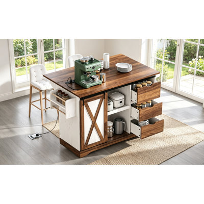 55.5 Inch Farmhouse Kitchen Island with Drop Leaf, Barn Door, Power Outlet, and Rolling Cart on Wheels for Home and Dining Room, White