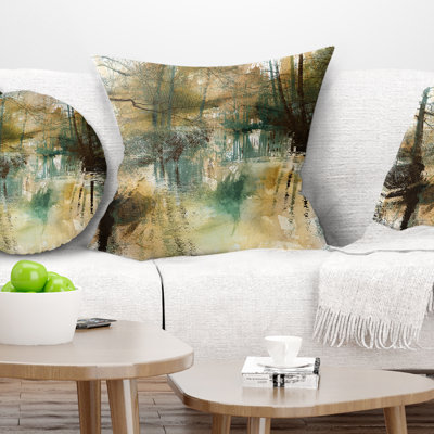 Coussin décoratif peinture à l'huile paysage rivière et arbres
