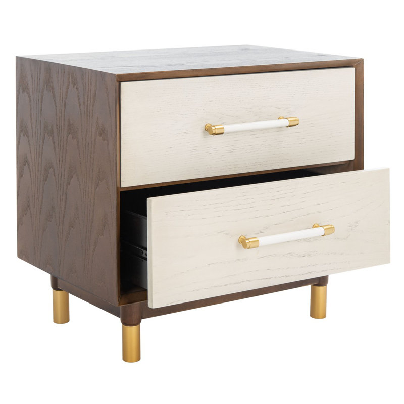 Elegant Gleavy 23'' W Nightstand – Modern Walnut Wood with Brass Accents and Stylish Bedroom Storage, Walnut/White Washed
