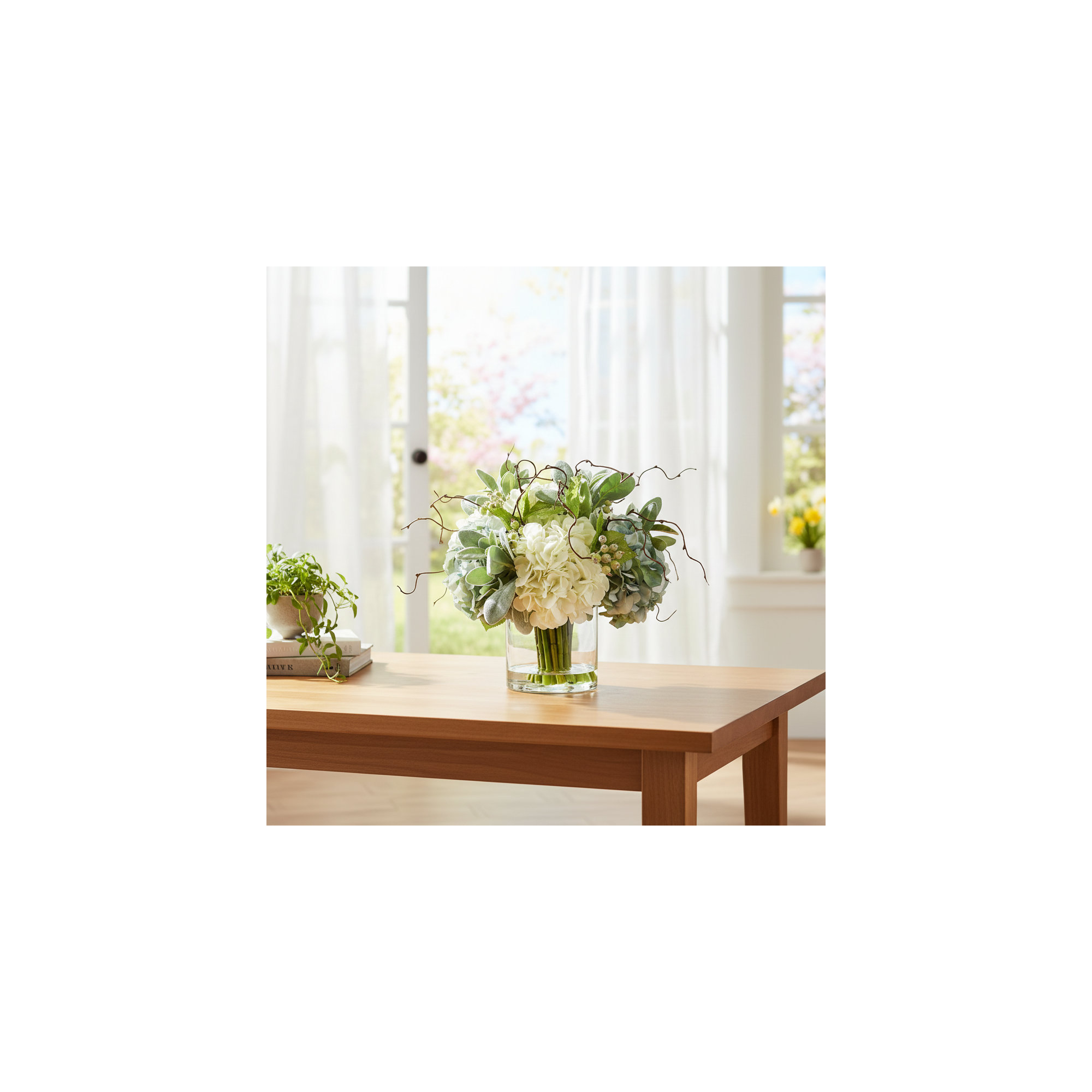 Floral Arrangement with Hydrangeas, Lamb's Ear, and Curly Willow