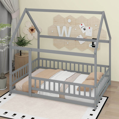 Full Size House Floor Wooden Bed With Roof Frame