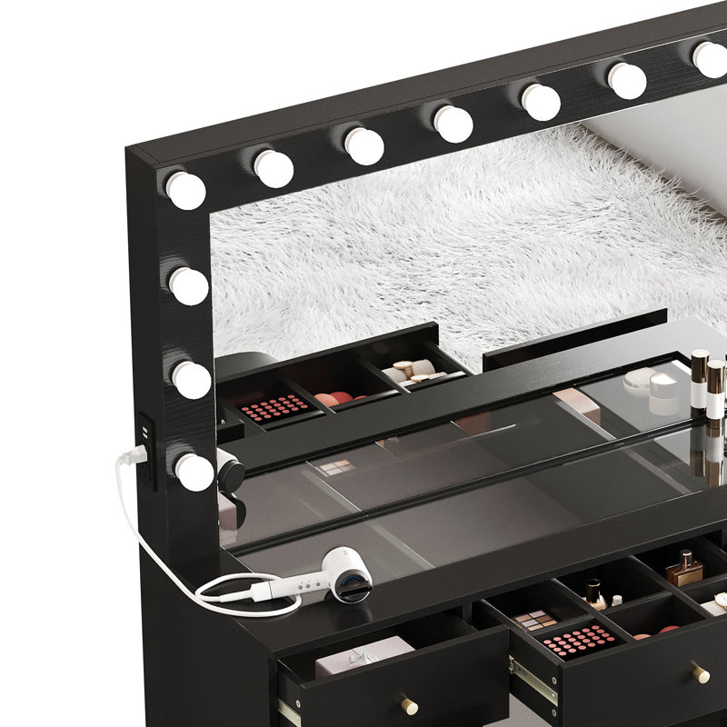 Ensemble de coiffeuse avec miroir lumineux, station de charge et tabouret Leisha, Noir