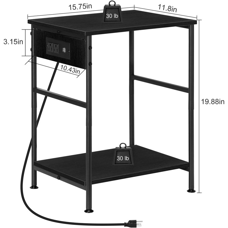 Buhler End Table Set and Built-In Outlets, Black