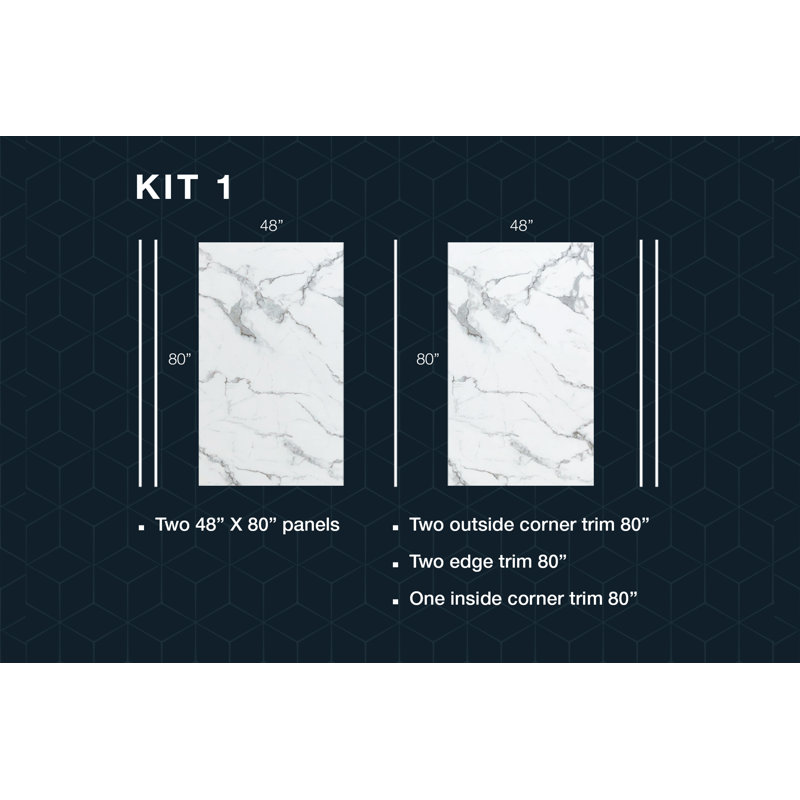 Polymarm 48" W 80" H 48" D Two Wall Composite Shower Wall Panel Surround, Calacatta Gray