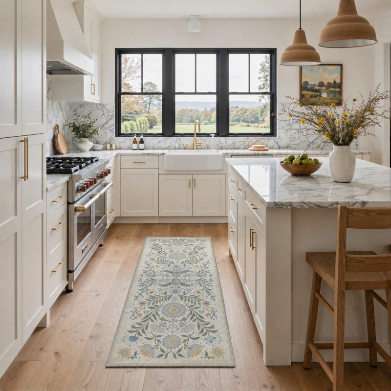 Clermont Vintage Floral Blue Gray Machine Washable Area Rug, Runner 2' x 7', Ivory / Sage Green