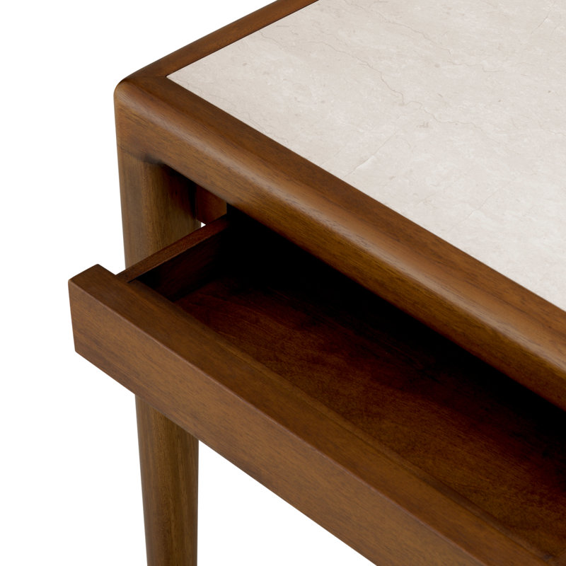 Side Table Hensley Square Mahogany Wood Caramel Finish Beige Marble