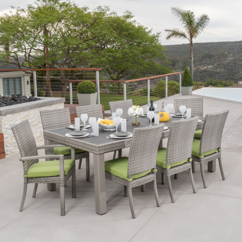 Cannes 9 Piece Dining Set with Cushions, Gray Frame/Ginkgo Green Cushion