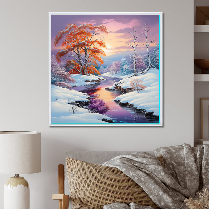 «Winter River Sunset and Snow Charm I», reproduction sur toile, Cadre flottant blanc, H 30 po x l 30 po x P 1 po