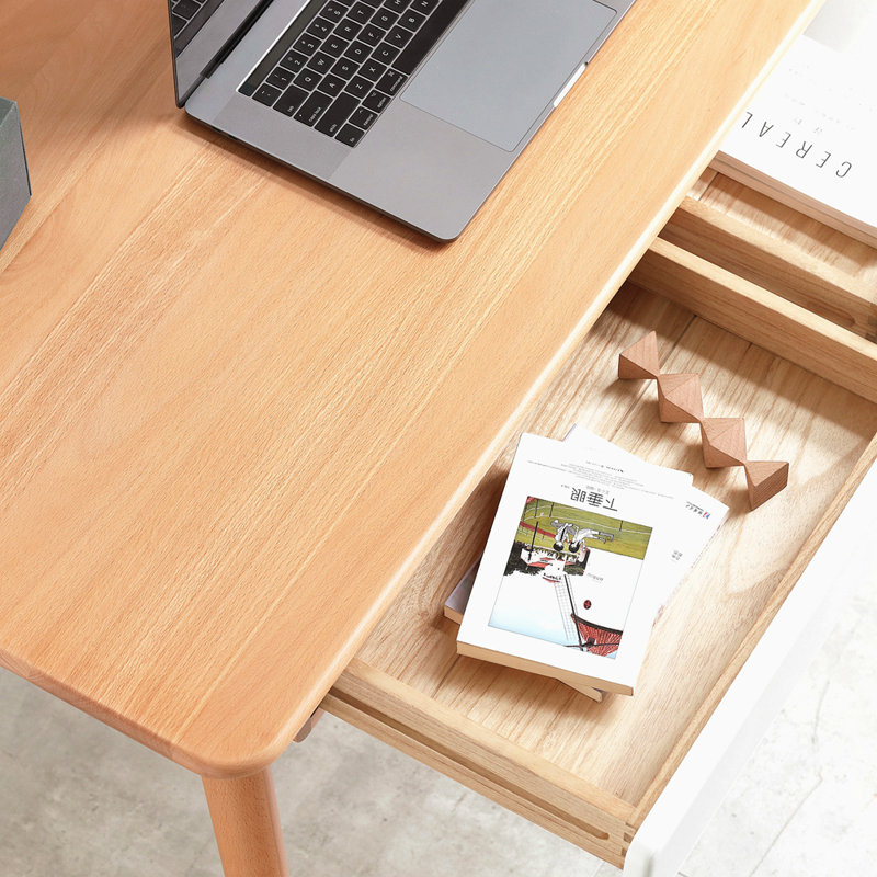 Solid Wood Computer Desk - 47'' Large Size Office Desk With 2 Drawers, Modern Simple Style PC Table With Gap Design For Home Office, Work, Student, Study, Makeup Workstation (Beech)