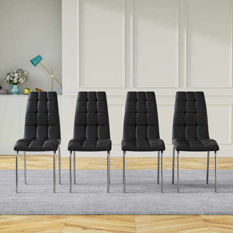 Glass Top Metal Base Dining Table With 4 Upholstered Dining Chairs,5 - Piece Pedestal Dining Set, Silver, Black/Silver