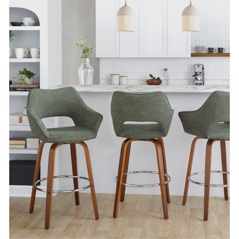 Tabouret de bar à hauteur fixe avec pivot en bois de noyer et tissu avec repose-pieds en métal chromé - ensemble de 2
