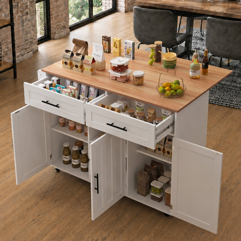 120 cm W Kitchen Island with Wheels, White