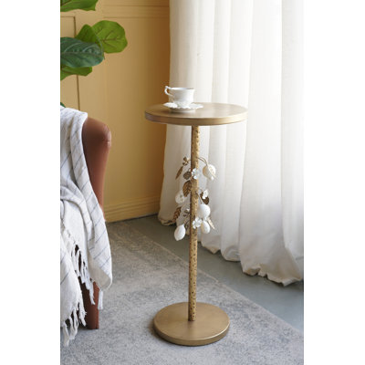 Table d'appoint ronde en fer 11,8 x 11,8 x 28,3 po avec accents floraux dorés et blancs et base en ciment