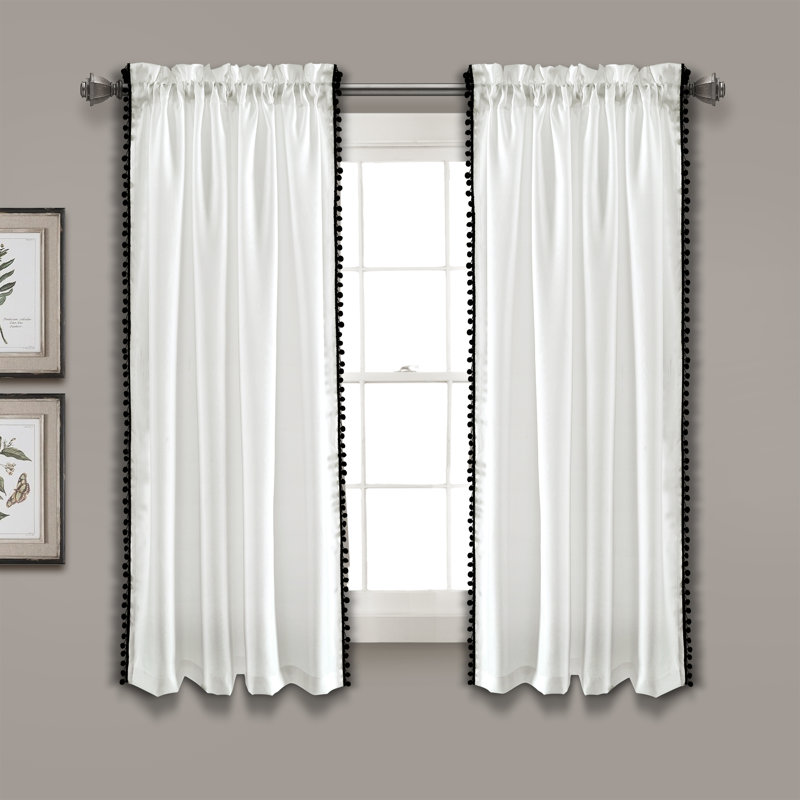 Pom Pom Semi Sheer Curtain Single Panel, Black, 50"W x 108"L