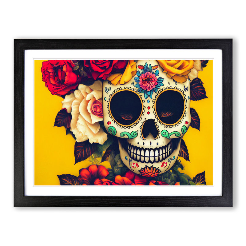 Magnificent Floral Sugar Skull - Single Picture Frame Print, Black, 46cm H x 64cm W x 2cm D