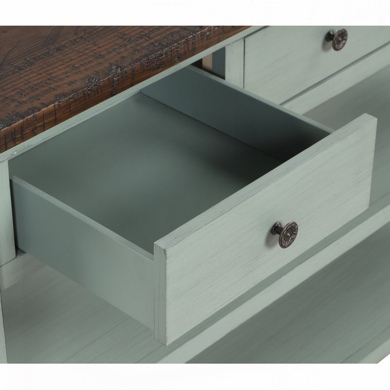 Console en bois de pin massif avec 3 tiroirs de rangement et 2 tablettes, Brun, Bleu rétro