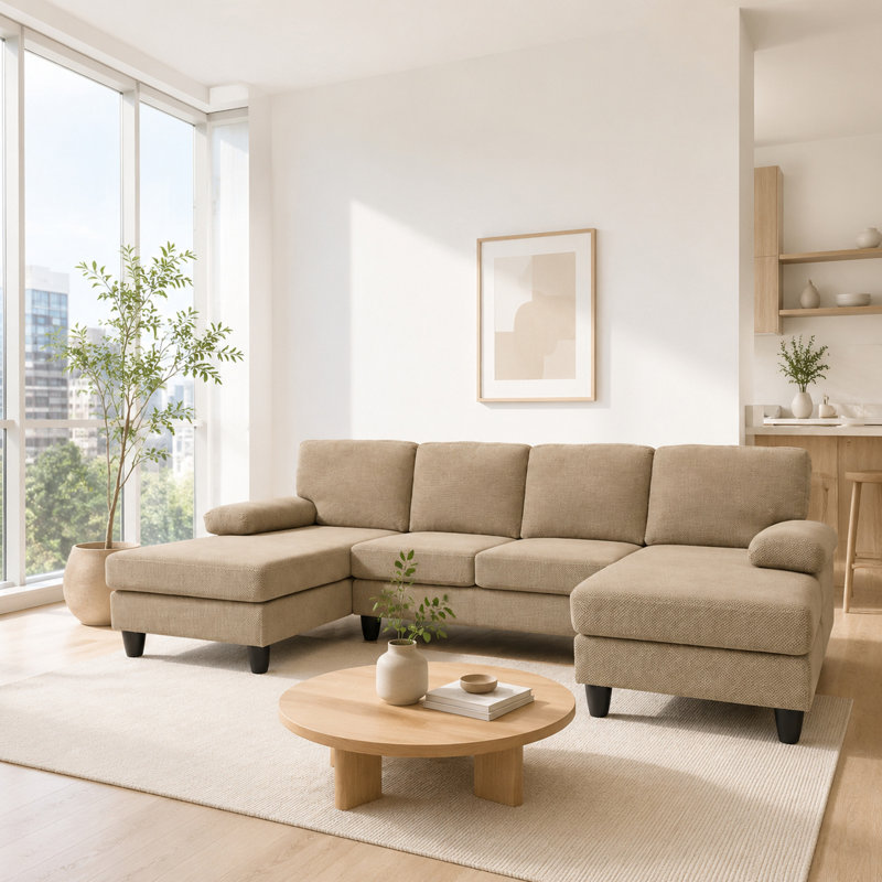 Canapé en U avec rembourrage en méridienne et accoudoirs moelleux, Beige