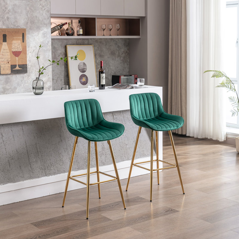 Tabouret de bar en velours avec repose-pieds chromé, ensemble de 2, Green/Golden, 29.92