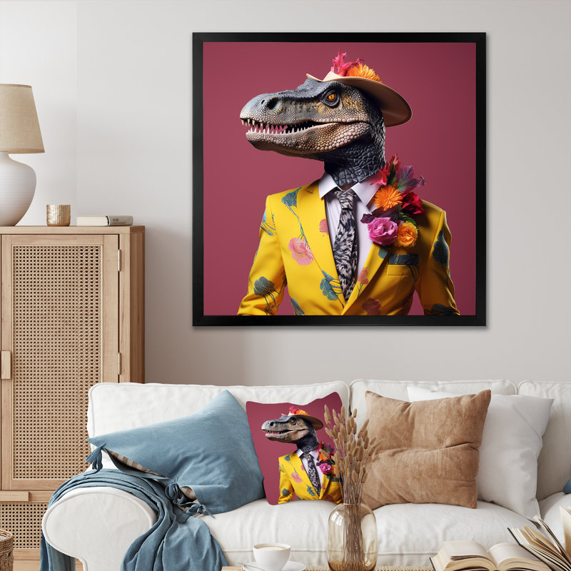 Dinosaure rose et jaune en costume - art de mur de dinosaure, Cadre simple noir, H 30 po x l 30 po x P 1,5 po