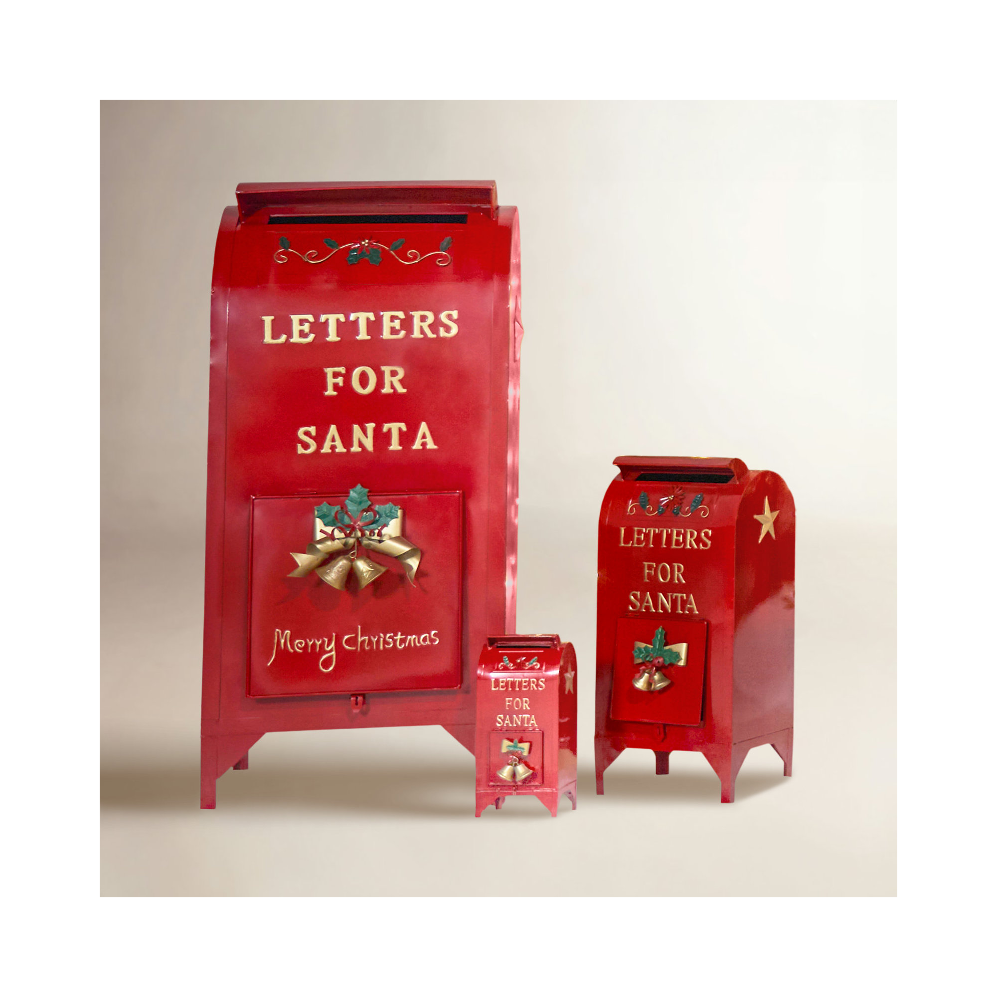 Three Piece Set of Glossy Red Christmas Mailboxes with Gold Details