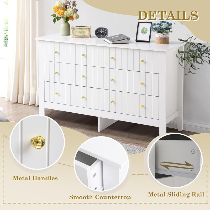 White Medium Wood Double Dresser with Extra Deep Drawers