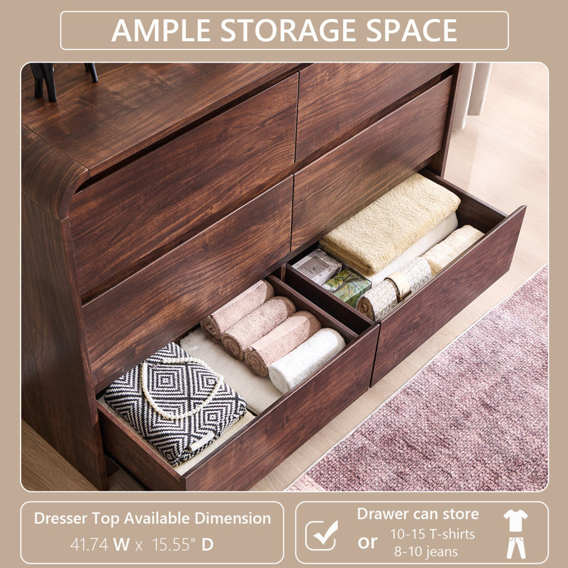 Maud Modern 6 Drawers Dresser for Bedroom, 47" Wide Wood Dressers & Chests of Drawers w/Curved Profile Design, Brown