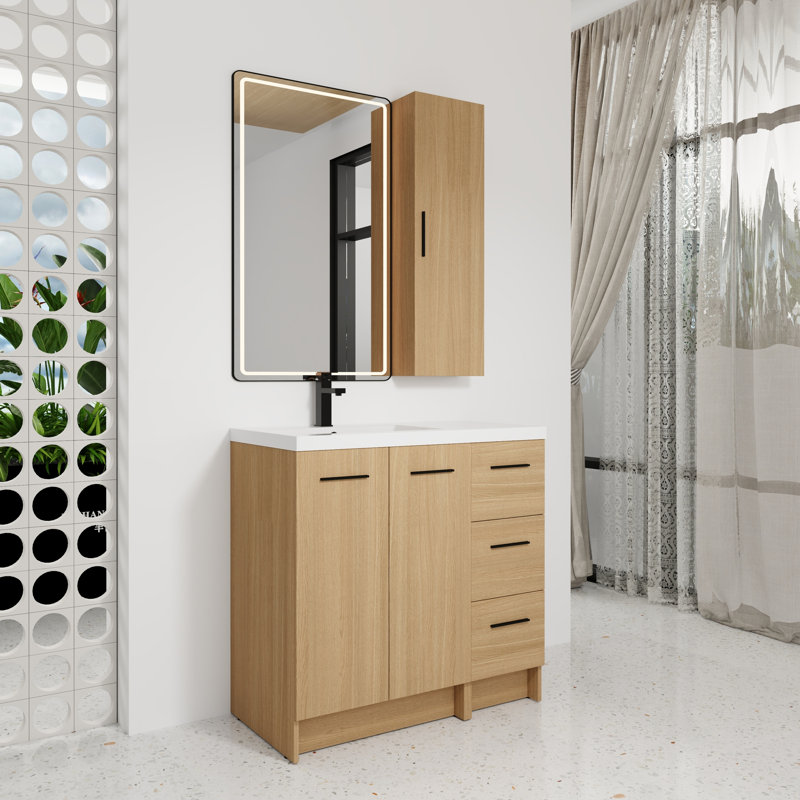 Ensemble de meuble-lavabo sur pied 36 po avec armoire à linge haute, 3 tiroirs et grand rangement, lavabo simple en résine, finition chêne clair