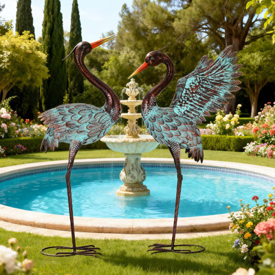 36" Handcrafted Metal Blue Heron Garden Statue with Ground Stakes, Distressed Patina Green(Set of 2)