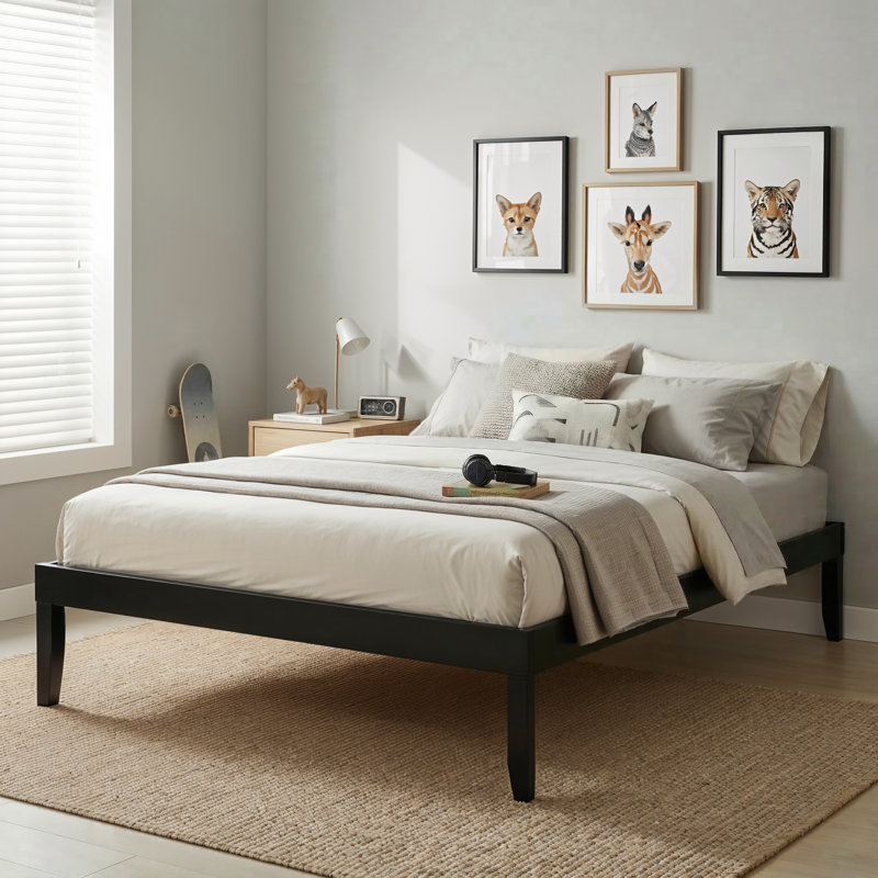 Marialana Contemporary Solid Wood Platform Bed with 13 Support Slats, Black, King