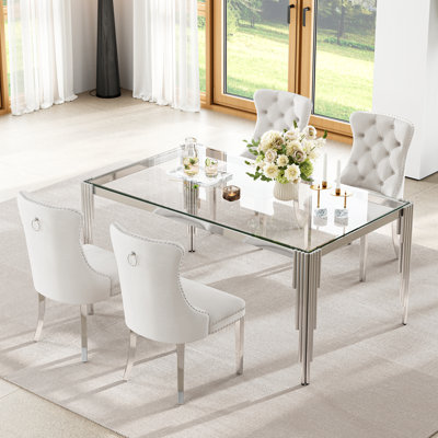 65" Glass Dining Set Of 5, Modern Rectangular Tempered Glass Table With Irregular Round Tube Stainless Steel Legs And 4 Velvet Upholstered Dining Chairs With Nailhead Trim