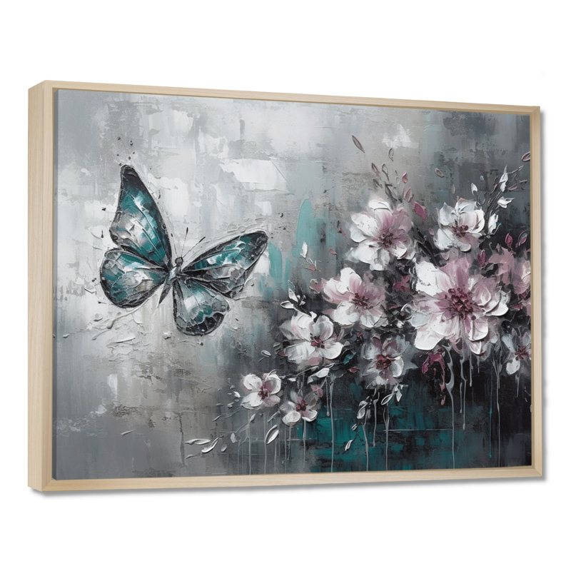 «Rylon Flowers with Butterflies», peinture III - reproduction sur toile, H 24 po x l 32 po x P 1 po, Cadre flottant érable