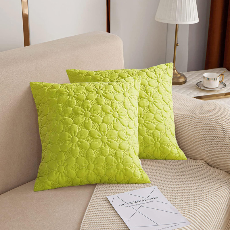 Floral Quilted Throw Pillow Covers (Set of 2), Lime, 18" x 18"