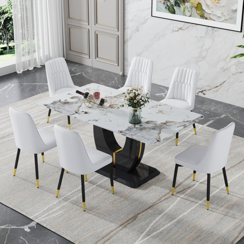 Usmon Glass Top Pedestal Dining Set, White/Black, 7