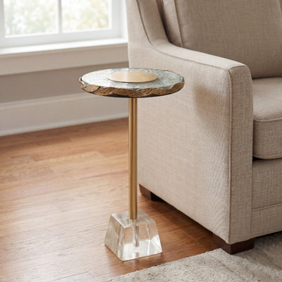 Ashington 10" Round Accent Table with Textured Glass Top, Gold Leaf Detail, and Organic Glass Base, 22.5" H 