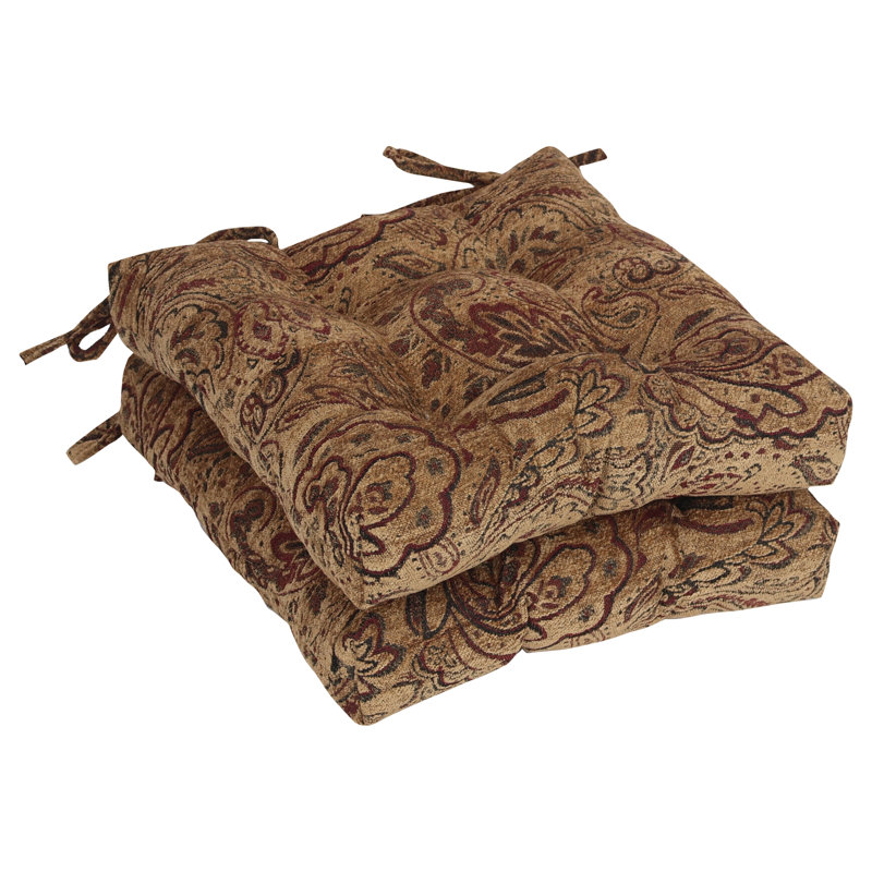 16-Inch Square Jacquard Chenille Tufted Chair Cushions, Brown/Tan Paisley