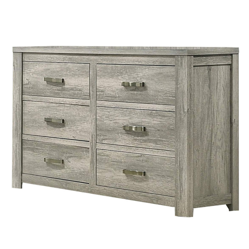Kalonda 59 Inch 6 Drawer Dresser, Silver Metal Bar Handles, Wood Grain Gray