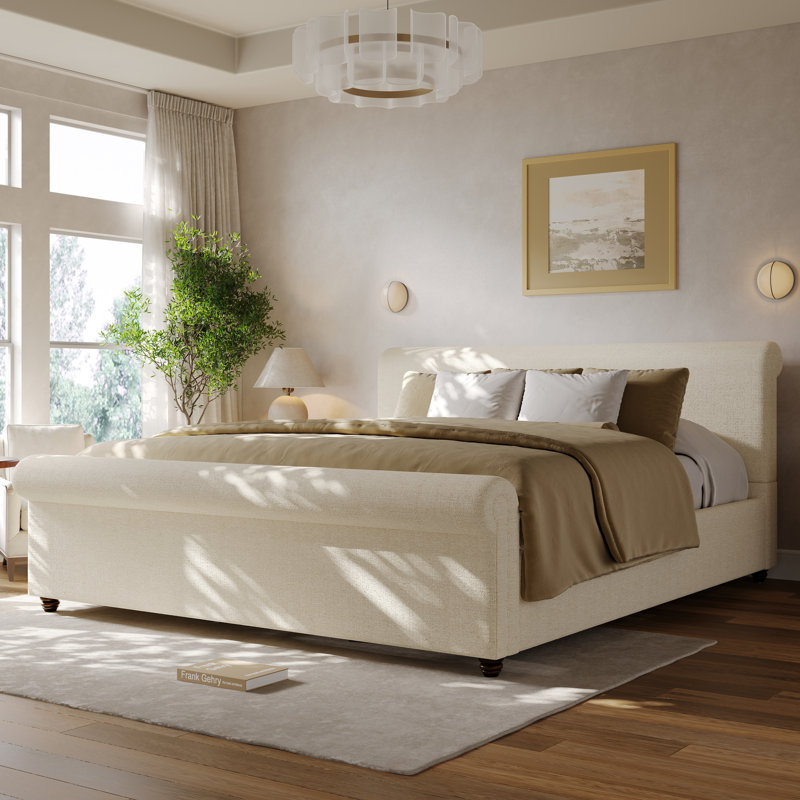 Lit plateforme tapissier avec tête de lit épaisse et pieds en bois massif Guinel, Beige, Très grand lit