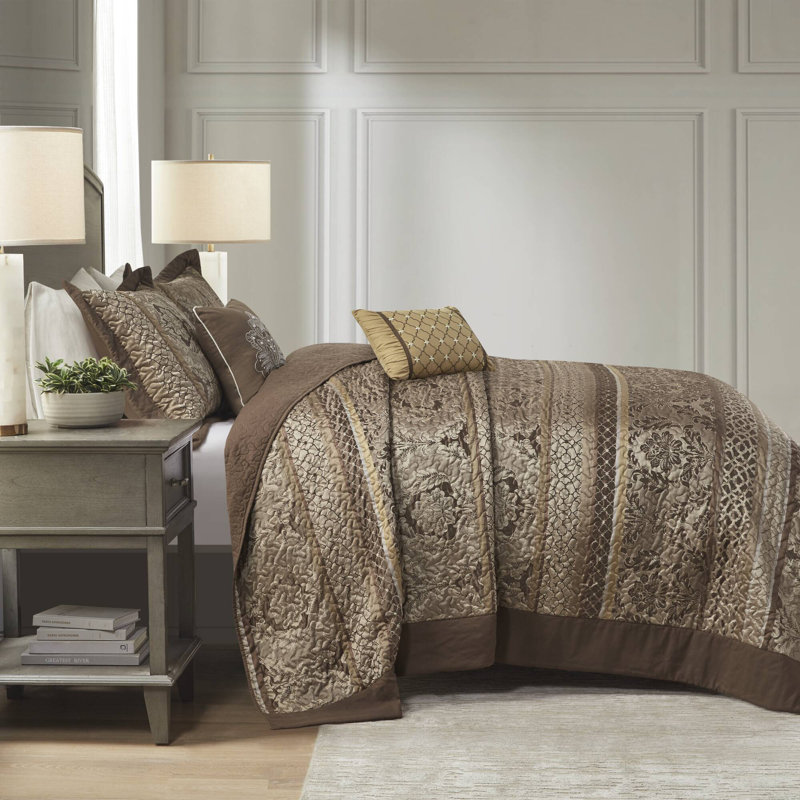 Bellagio 5 Piece Reversible Jacquared Coverlet Set, Brown, Queen Coverlet + 4 Additional Pieces