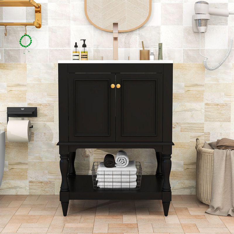 Meuble-lavabo autoportant élégant avec lavabo en céramique, tablette ouverte et rangement fermé, Noir
