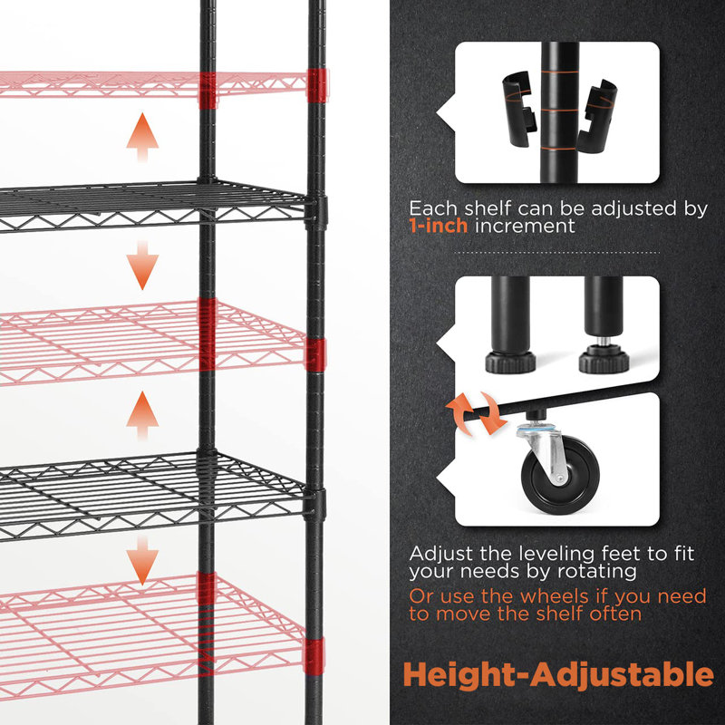 Heavy-Duty Height Adjustable Shelving Unit With Wheels, Leveling Feet, (4 Shelves) 72" H x 30" W x 14" D, Black
