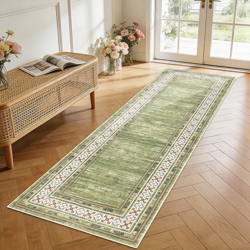 Tapis lavable à bordure moderne Tapis antidérapant pour tapis de cuisine, Vert, Tapis de couloir 2 pi x 6 pi